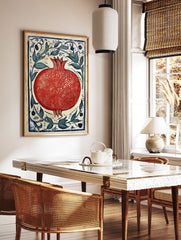 Red pomegranate botanical illustration poster with blue leaves and decorative border on a light background - Image 2