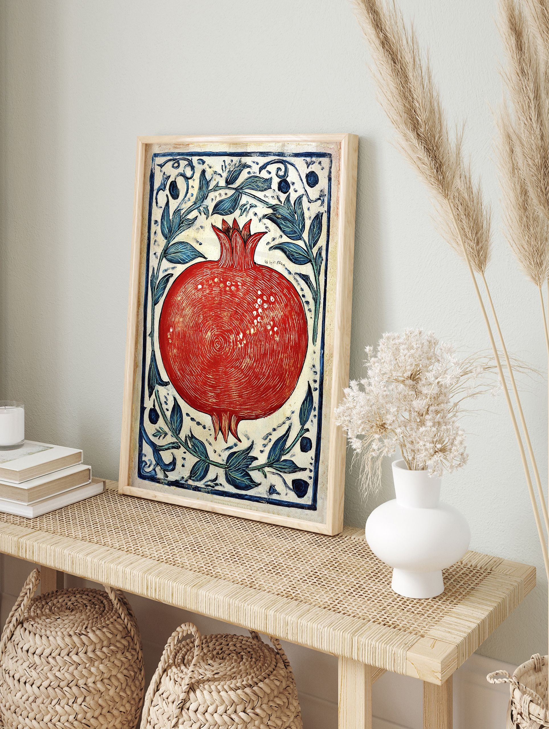 Red pomegranate botanical illustration poster with blue leaves and decorative border on a light background - Image 4