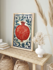 Red pomegranate botanical illustration poster with blue leaves and decorative border on a light background - Image 4