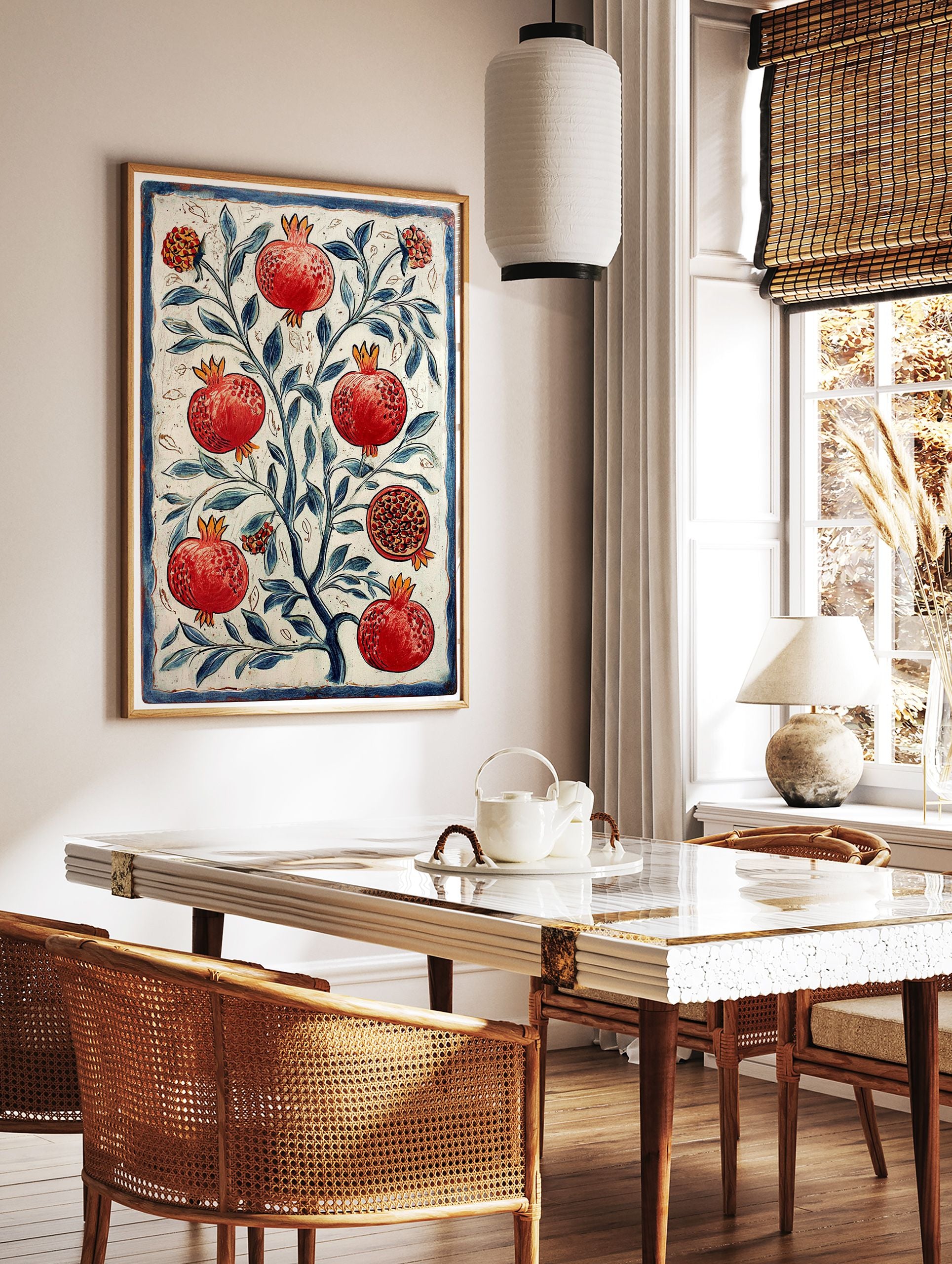 Pomegranate tree poster with red fruits, one cut open, and blue leaves, in a vintage botanical illustration style with a blue border. - Image 2
