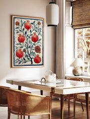 Pomegranate tree poster with red fruits, one cut open, and blue leaves, in a vintage botanical illustration style with a blue border. - Image 2