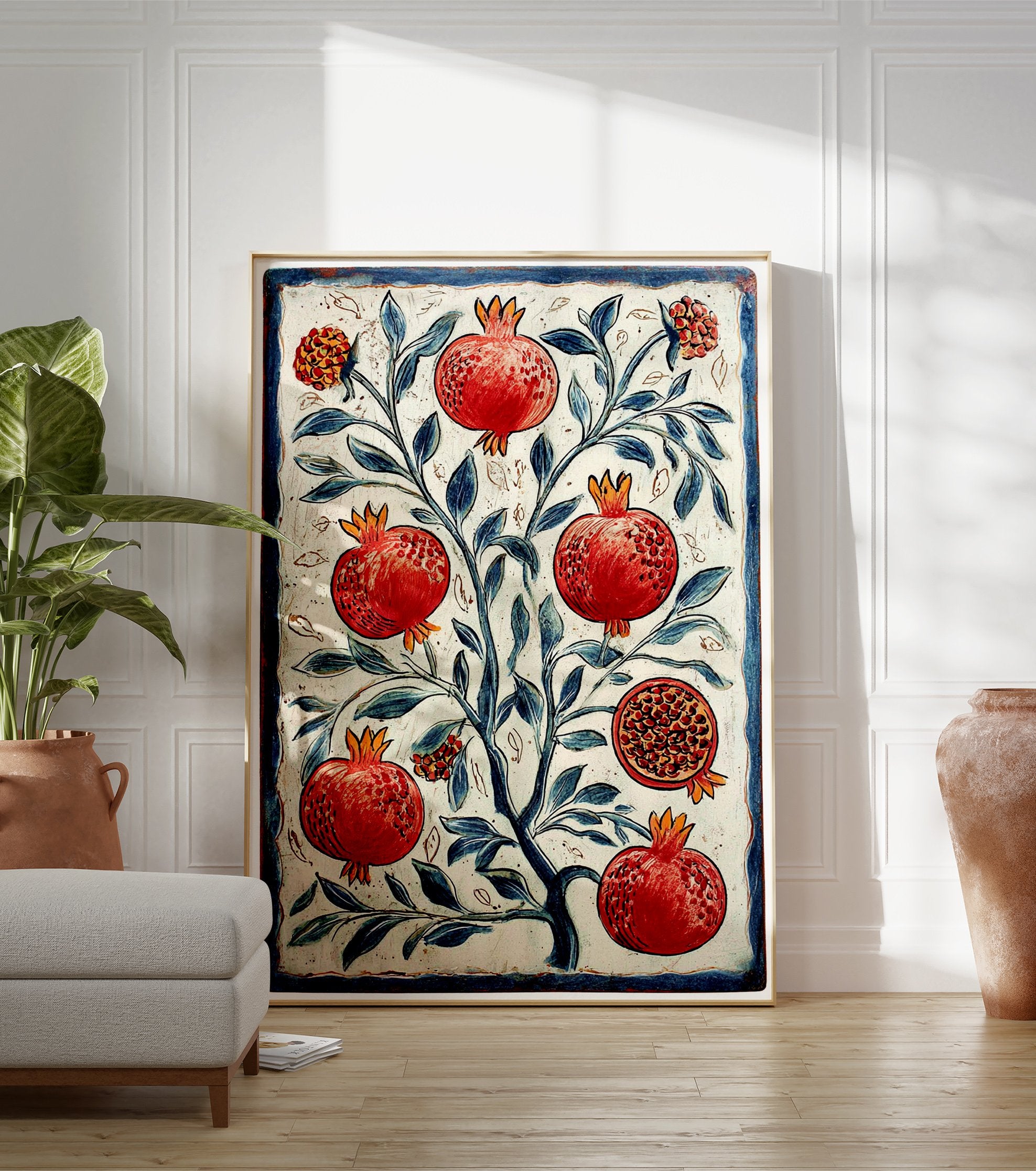 Pomegranate tree poster with red fruits, one cut open, and blue leaves, in a vintage botanical illustration style with a blue border. - Image 3