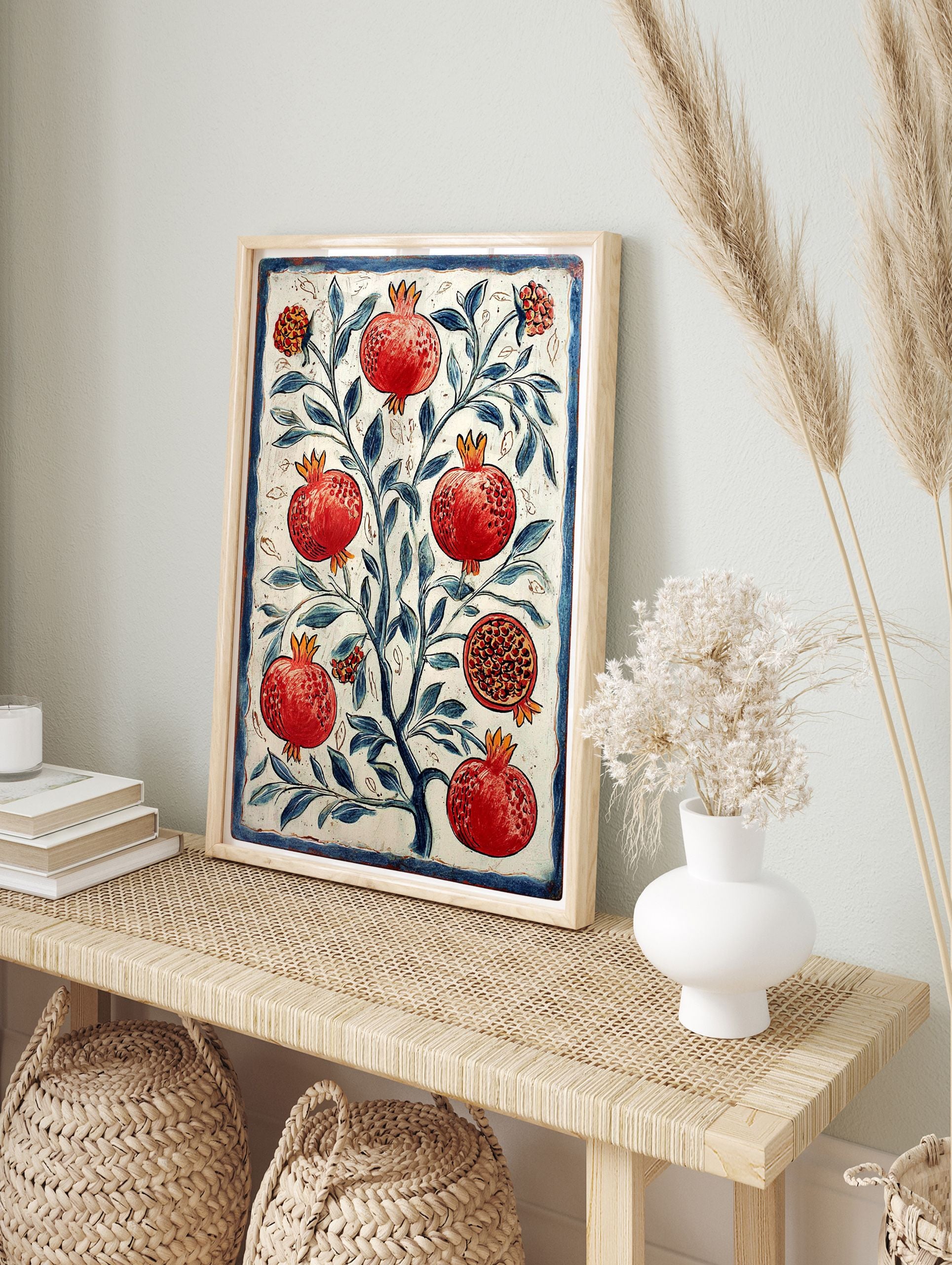 Pomegranate tree poster with red fruits, one cut open, and blue leaves, in a vintage botanical illustration style with a blue border. - Image 4