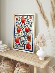 Pomegranate tree poster with red fruits, one cut open, and blue leaves, in a vintage botanical illustration style with a blue border. - Image 4