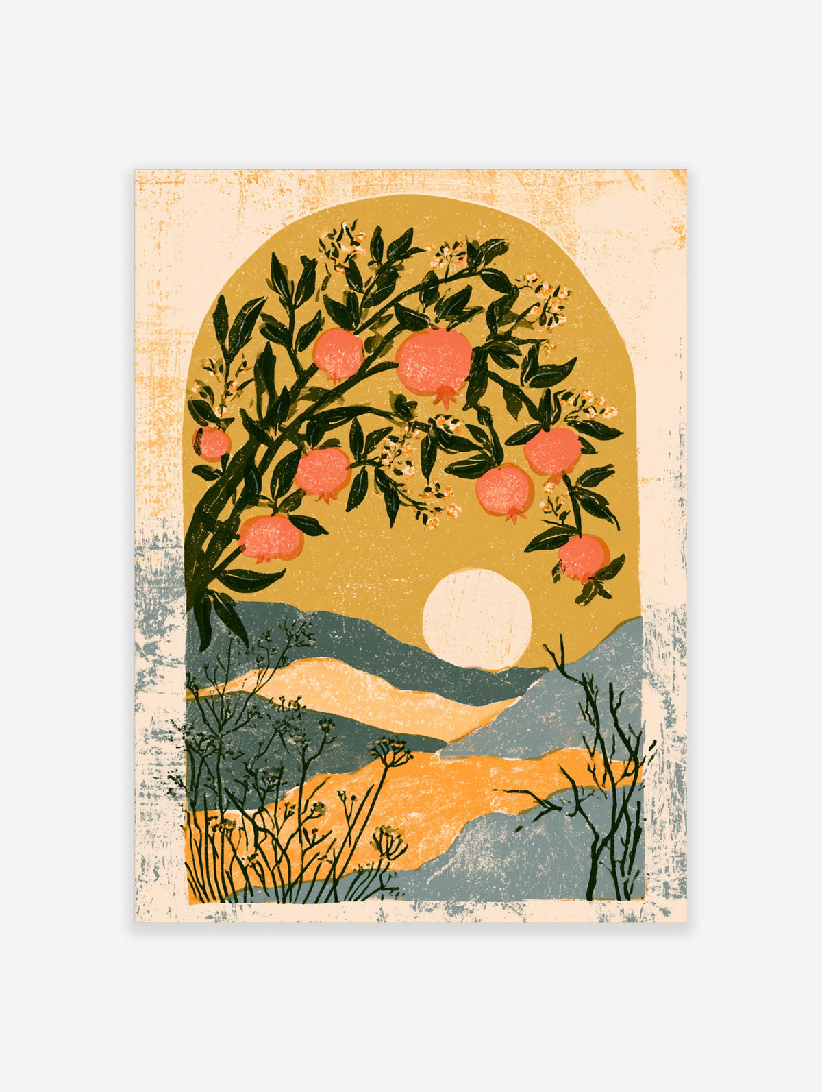 Pomegranate tree botanical art print with orange fruit, green leaves, pale sun and blue hills