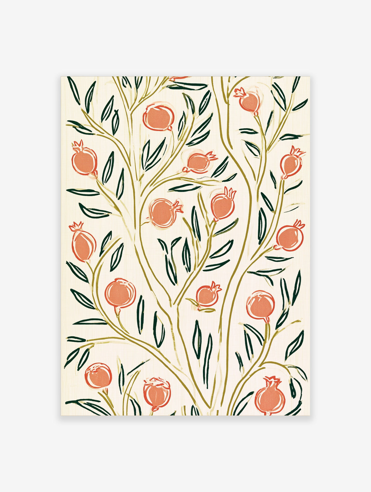 Pomegranate tree art print with coral fruit and dark green leaves on cream background