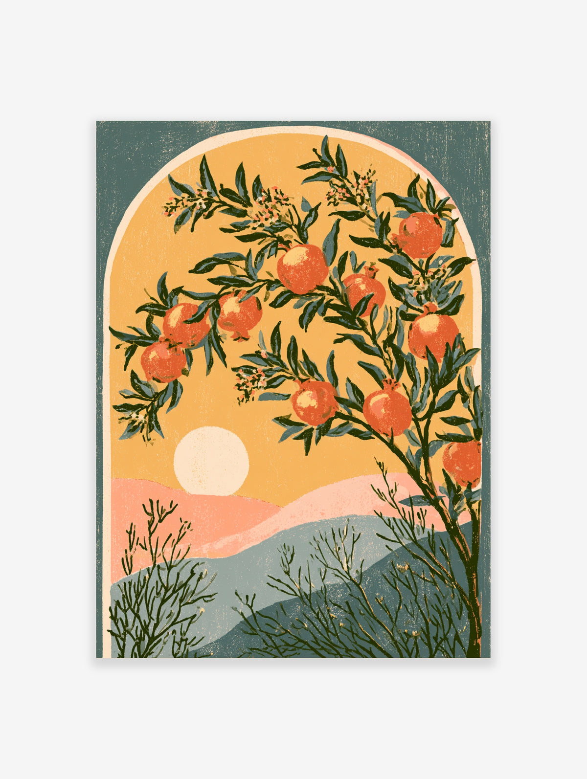 Pomegranate tree art print with orange fruit, green leaves, pale sun, and pink hills