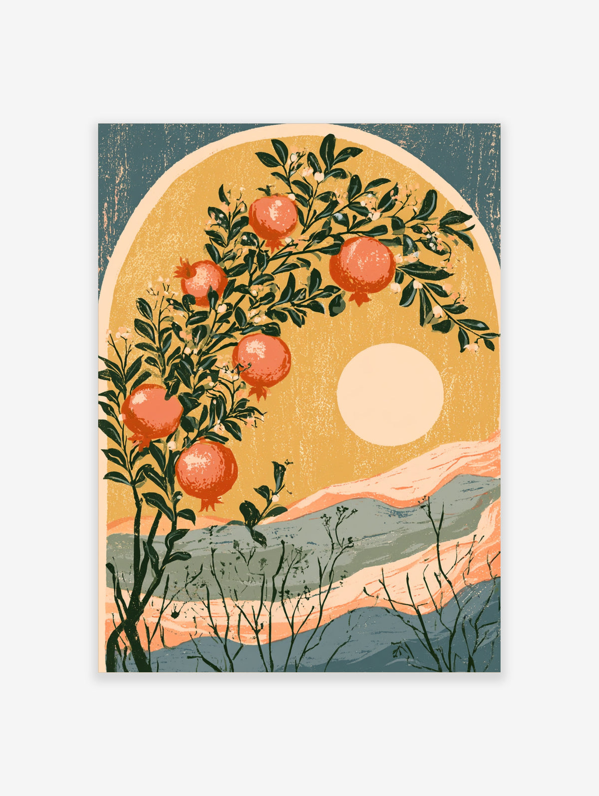 Pomegranate tree botanical art print with red fruit, dark leaves, pale sun, and rolling hills