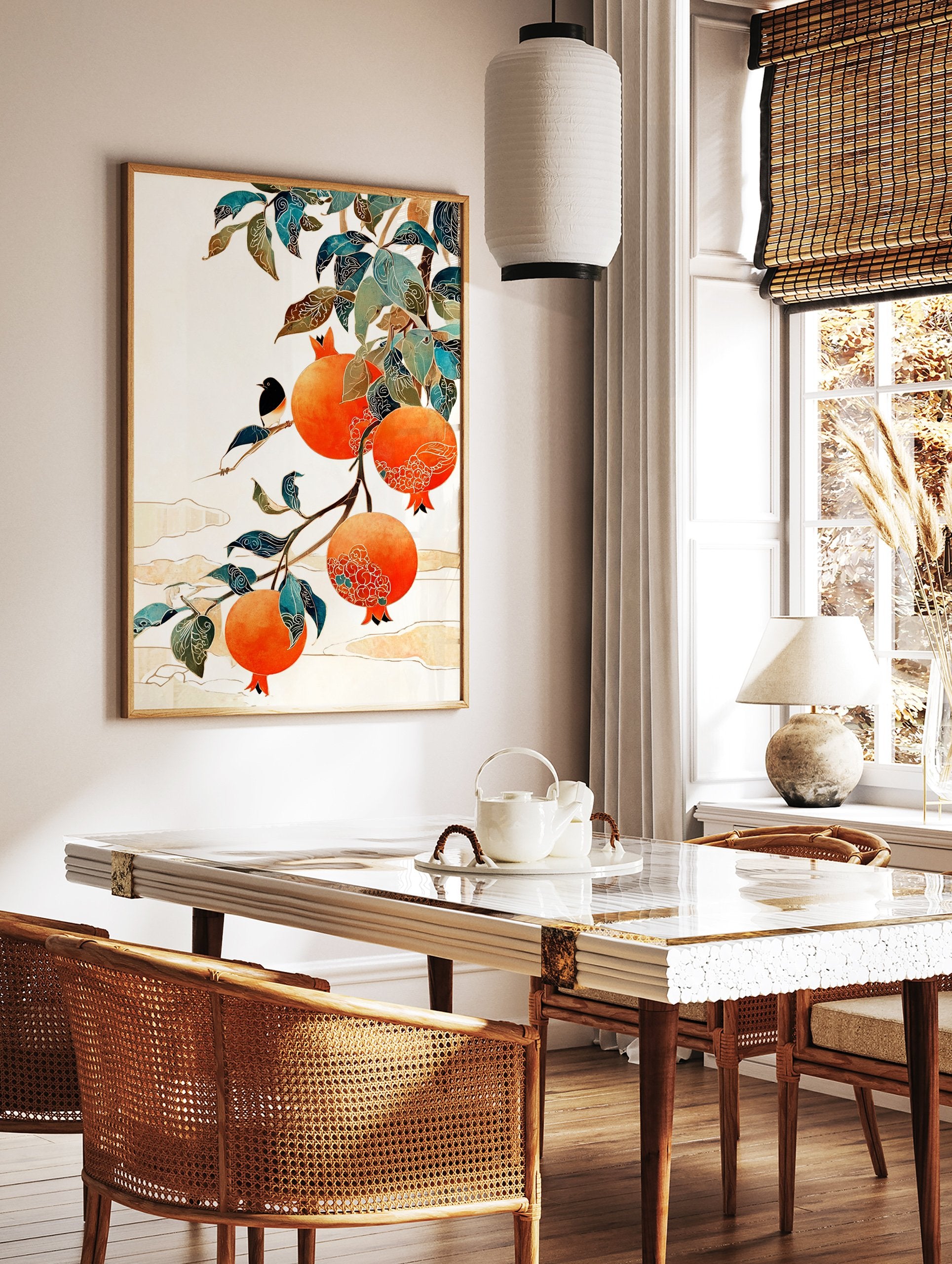 Pomegranate wall art featuring a small black and white bird on a branch with vibrant orange pomegranates and patterned leaves. - Image 2