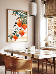 Pomegranate wall art featuring a small black and white bird on a branch with vibrant orange pomegranates and patterned leaves. - Image 2