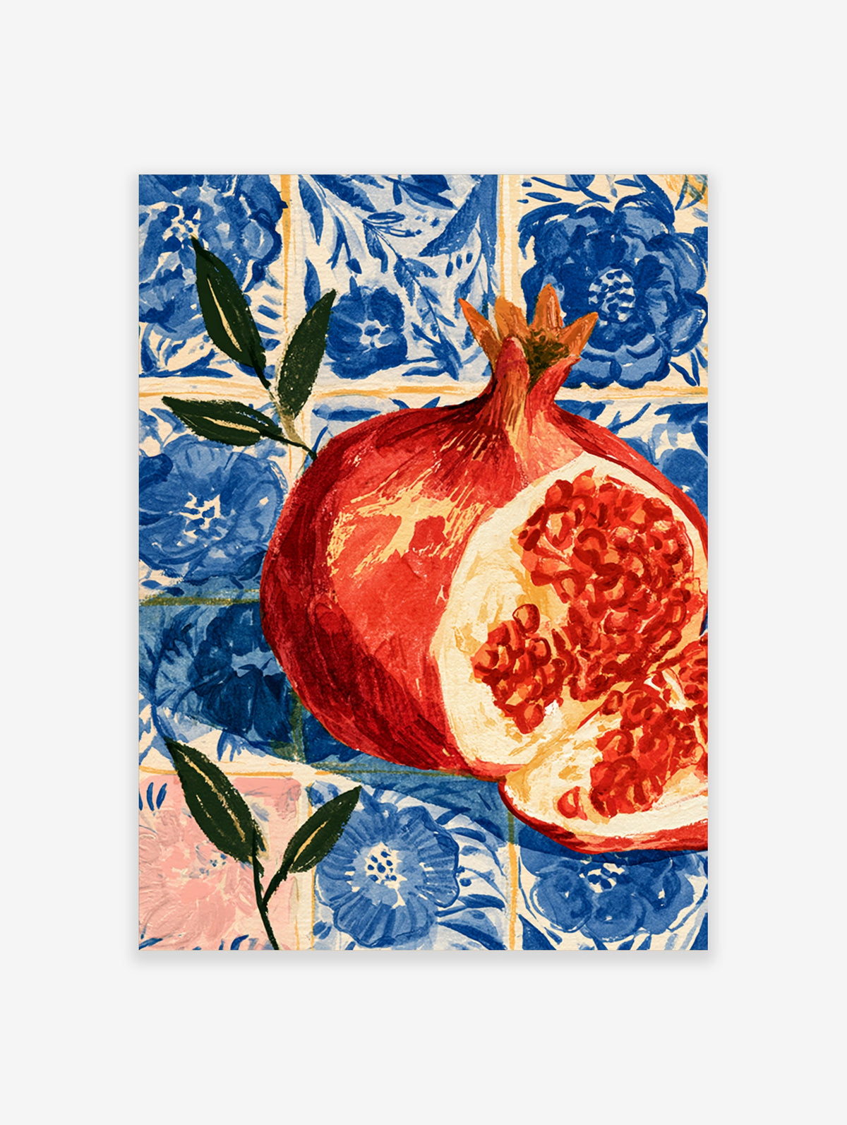 Red pomegranate with cut seeds and green leaves on blue floral tile background art print