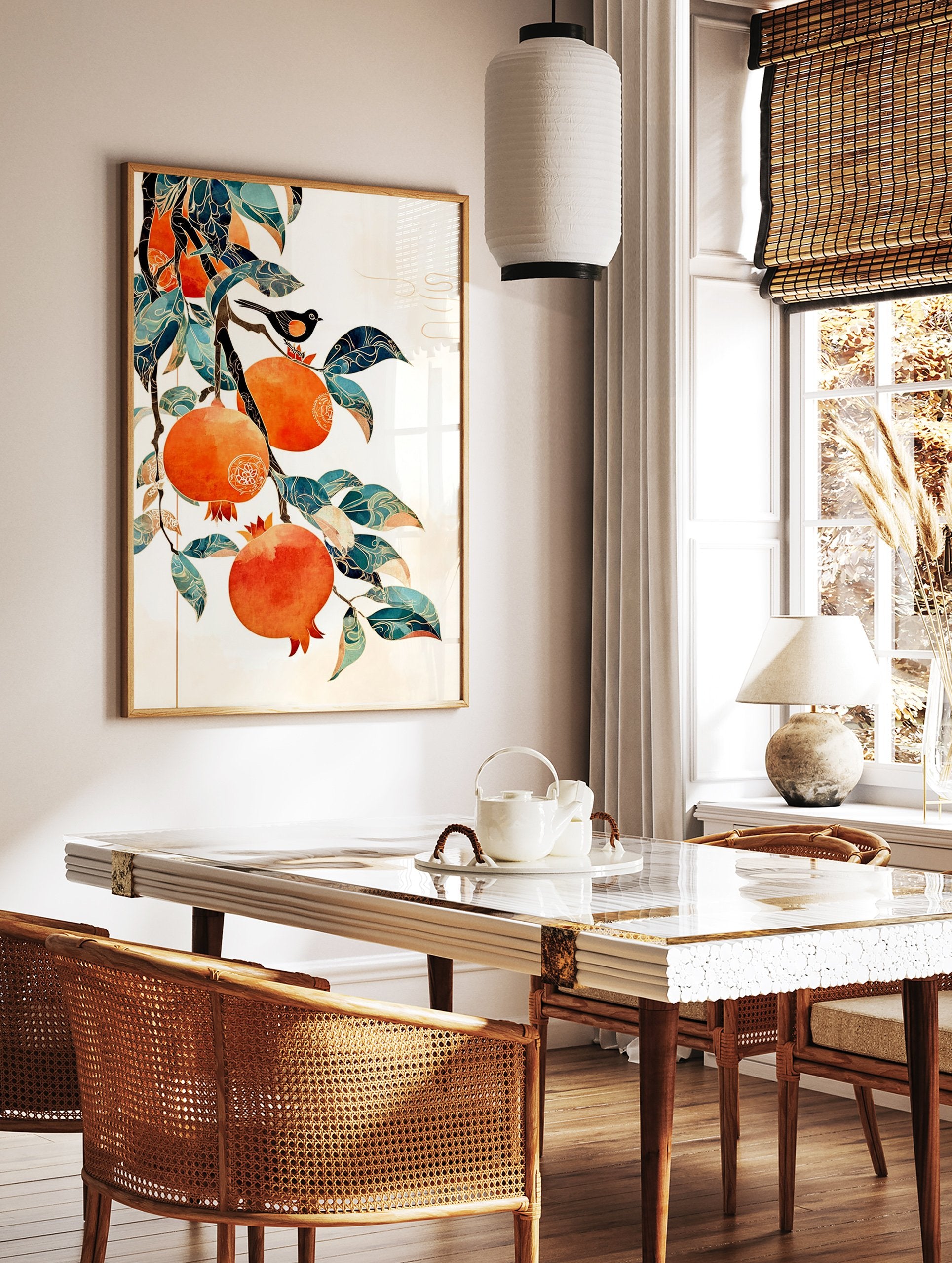 Illustrative pomegranate wall art with orange fruits, teal leaves, and a black bird on a branch against a white background. - Image 2