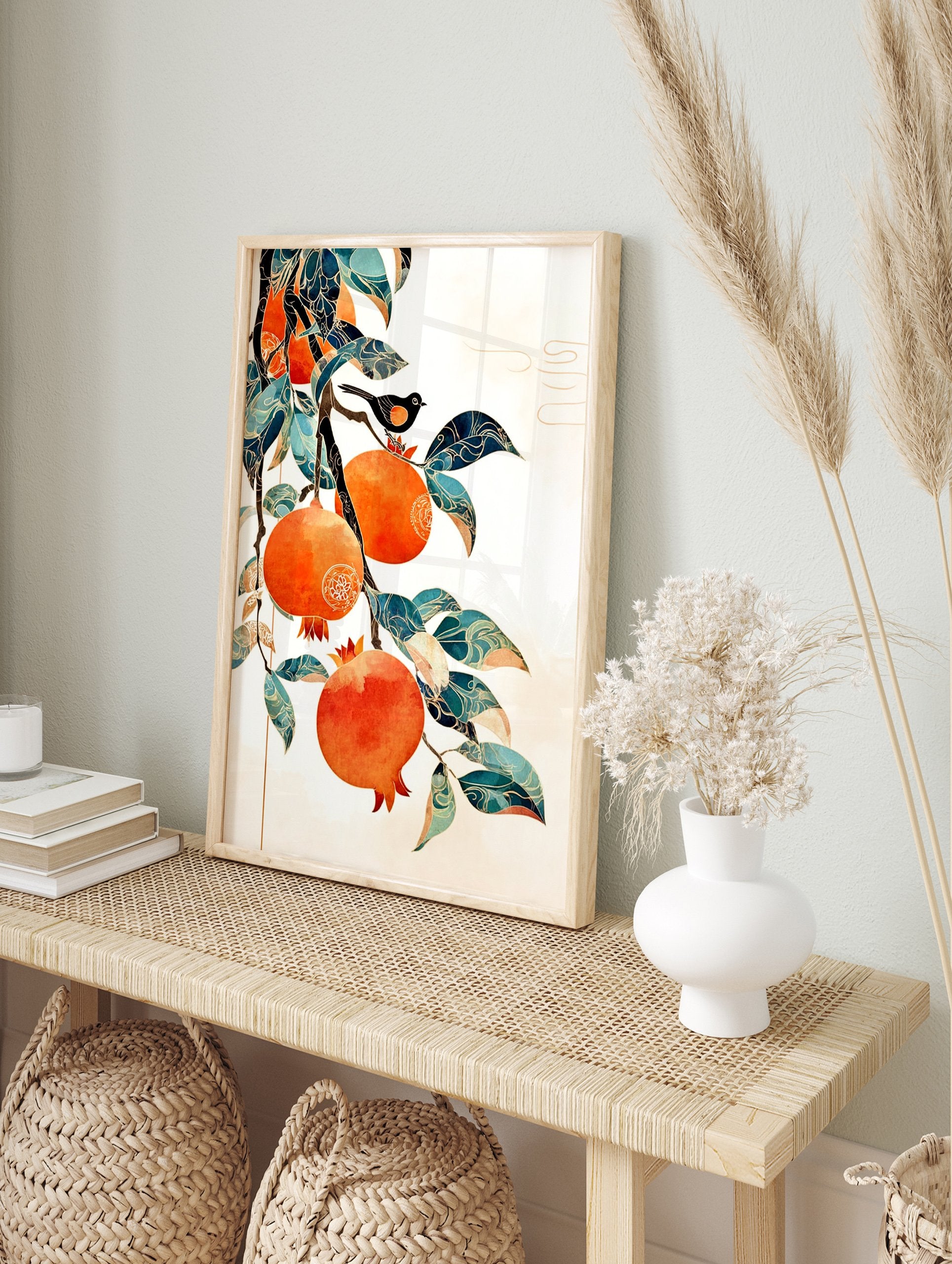 Illustrative pomegranate wall art with orange fruits, teal leaves, and a black bird on a branch against a white background. - Image 3