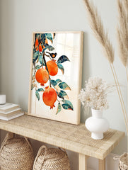 Illustrative pomegranate wall art with orange fruits, teal leaves, and a black bird on a branch against a white background. - Image 3