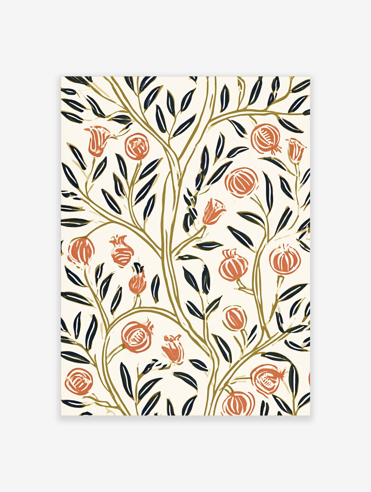 Pomegranate botanical art print with coral fruit, dark leaves, and gold stems on cream