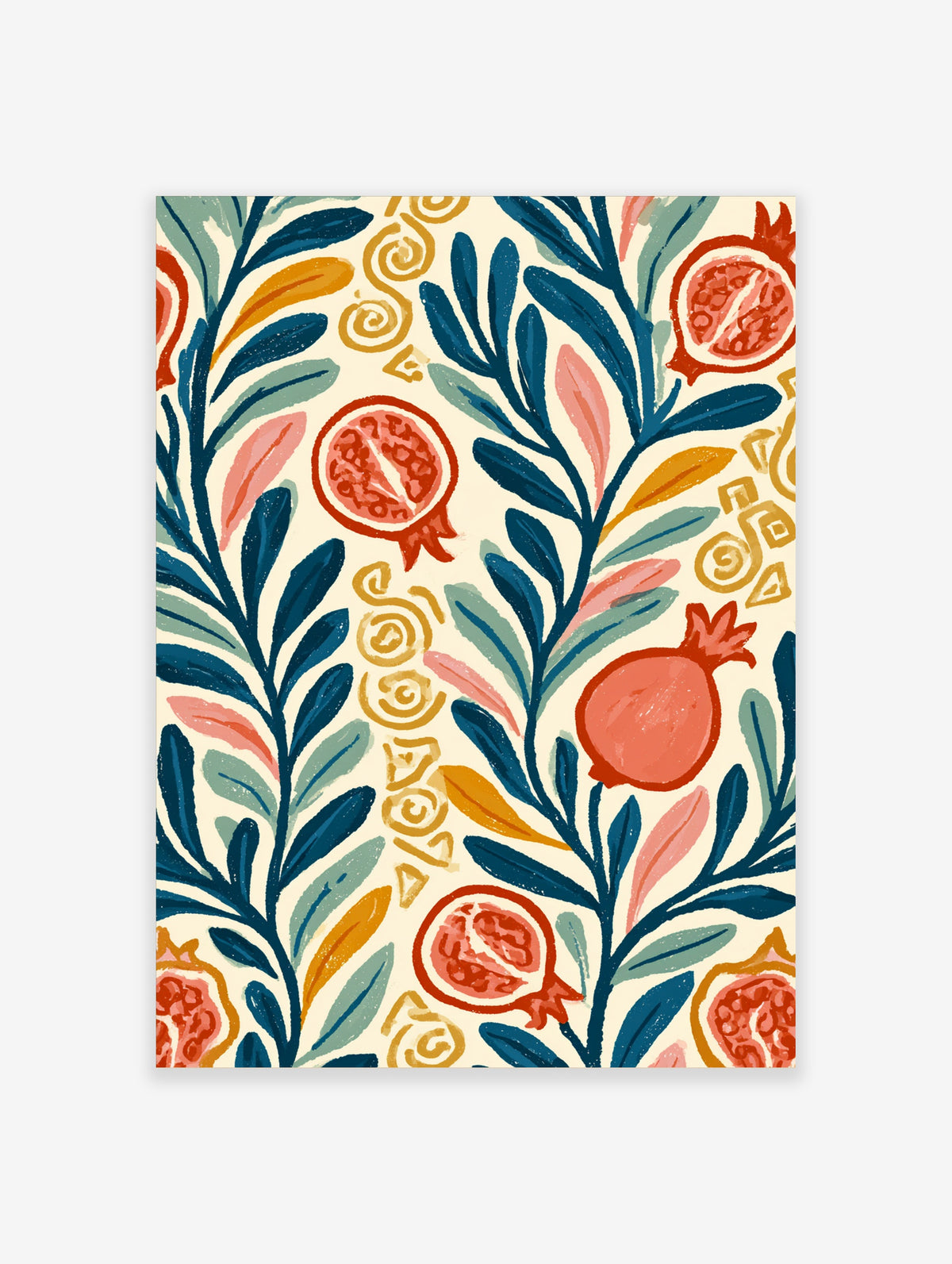 Pomegranate wall art print with red fruit, blue leaves, and gold swirls on cream background