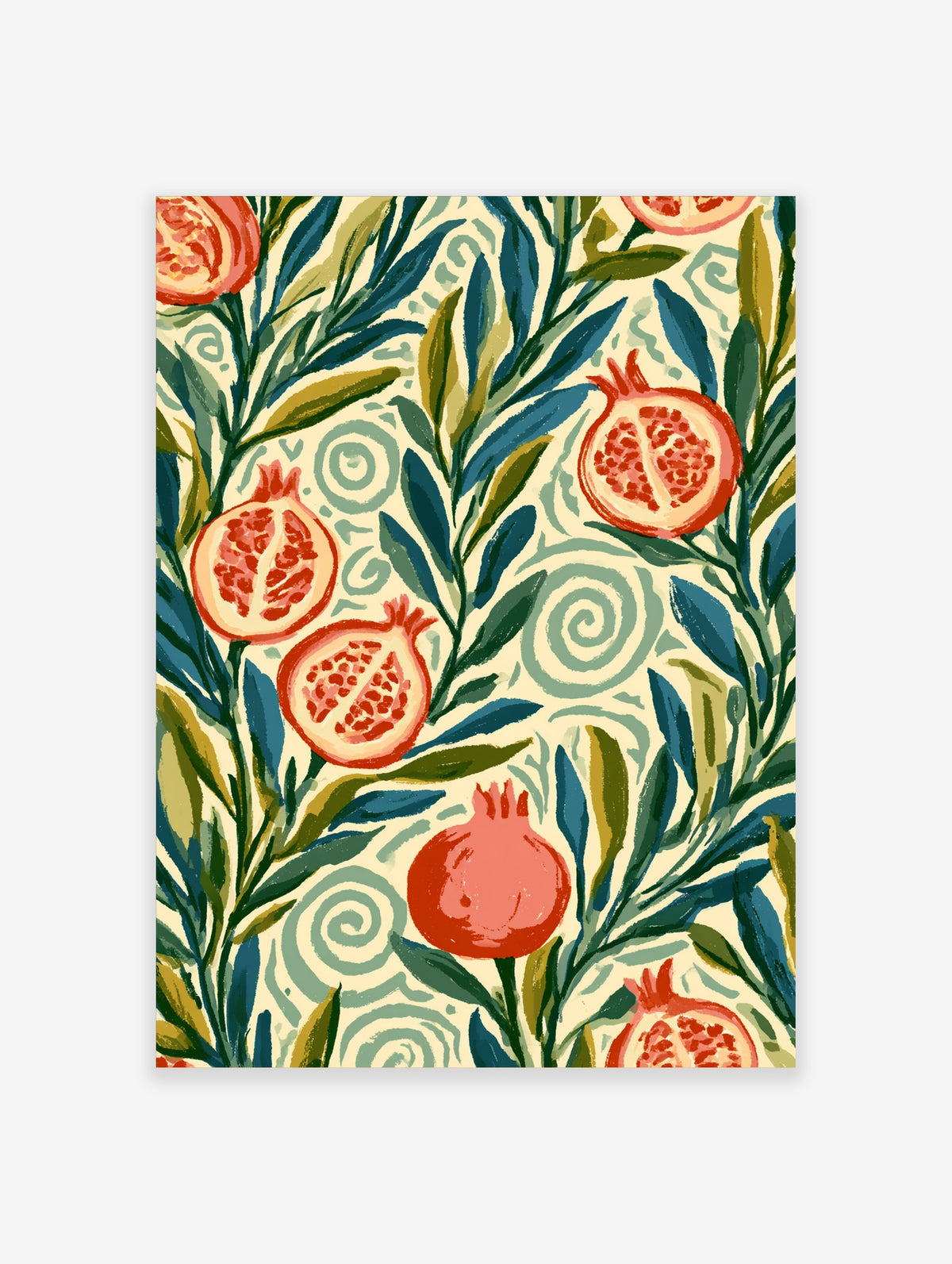 Pomegranate fruit and leaf pattern art print with red fruits and blue foliage on cream background