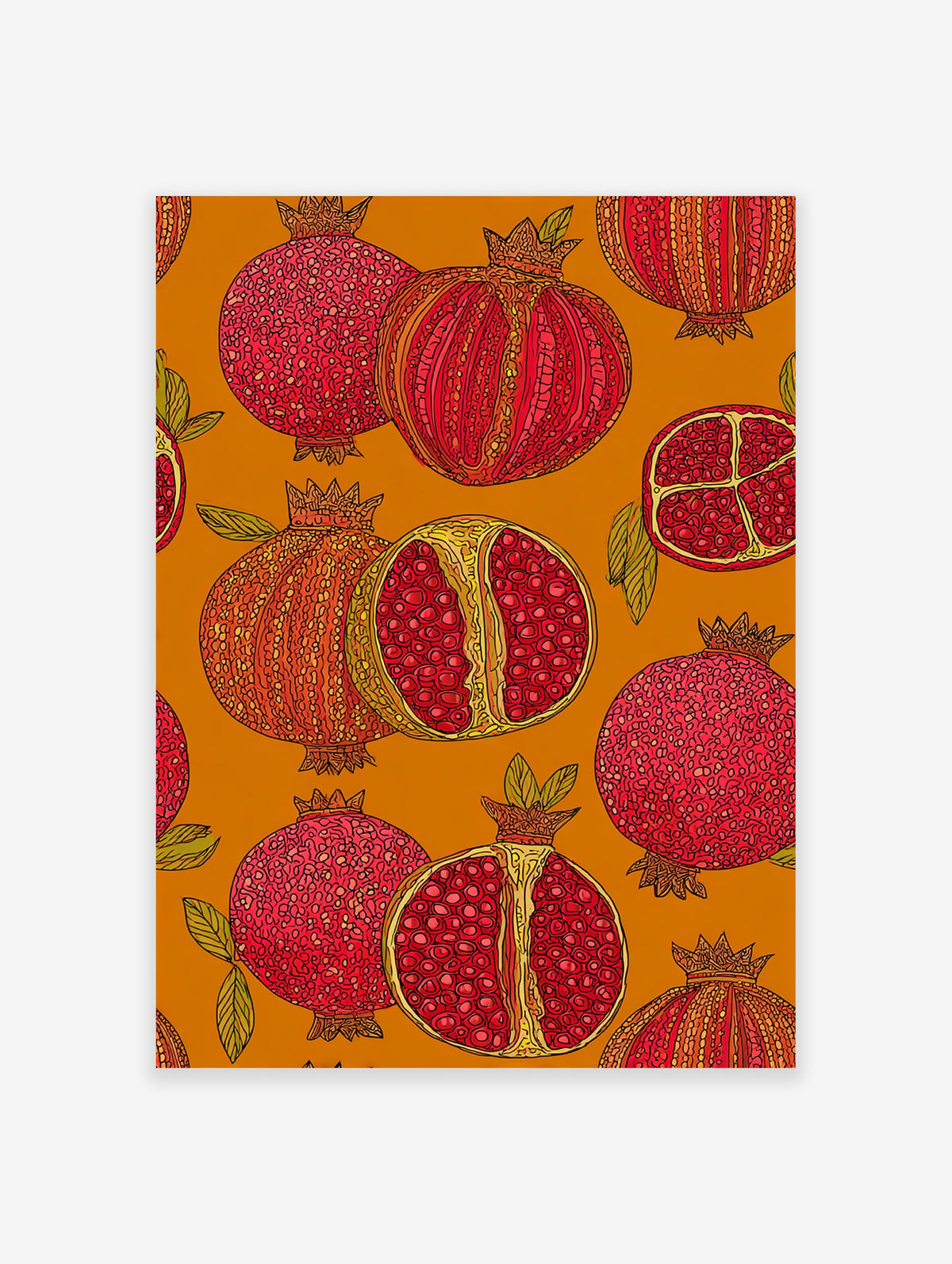 Vibrant pomegranate wall art print with botanical illustrations of whole and cut pomegranates on an orange background.