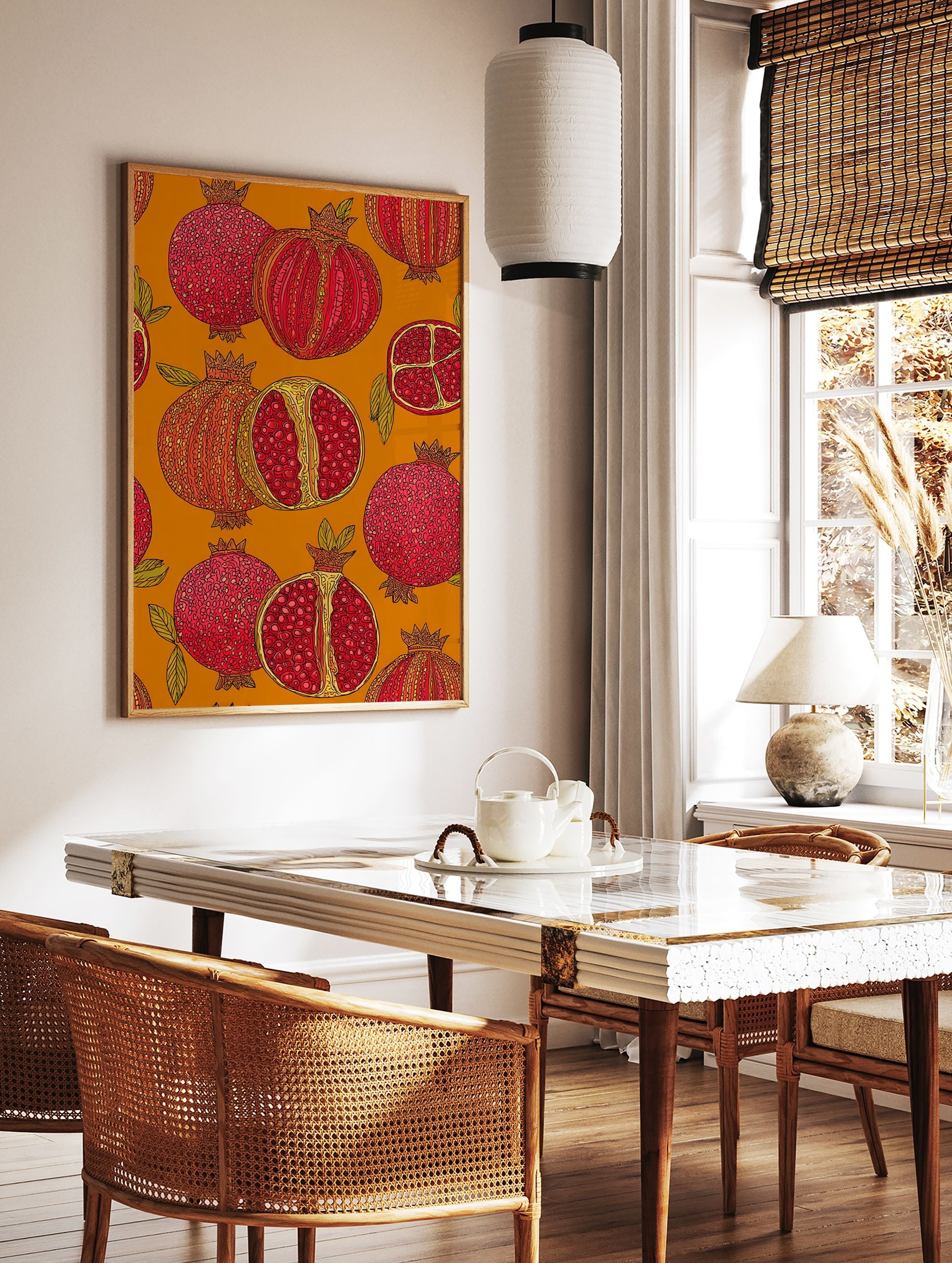 Vibrant pomegranate wall art print with botanical illustrations of whole and cut pomegranates on an orange background. - Image 2