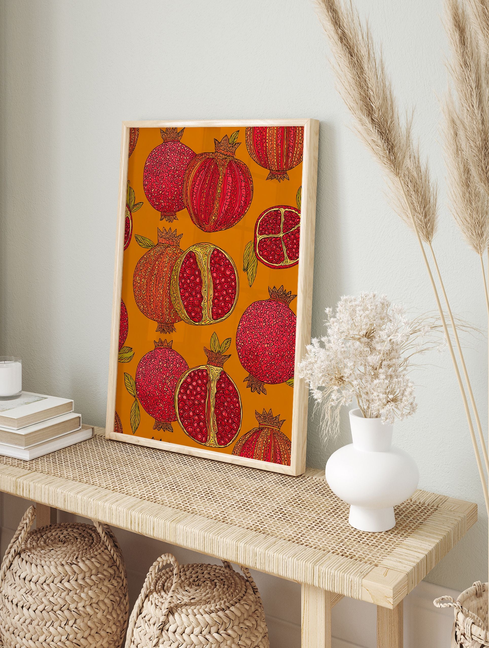 Vibrant pomegranate wall art print with botanical illustrations of whole and cut pomegranates on an orange background. - Image 3