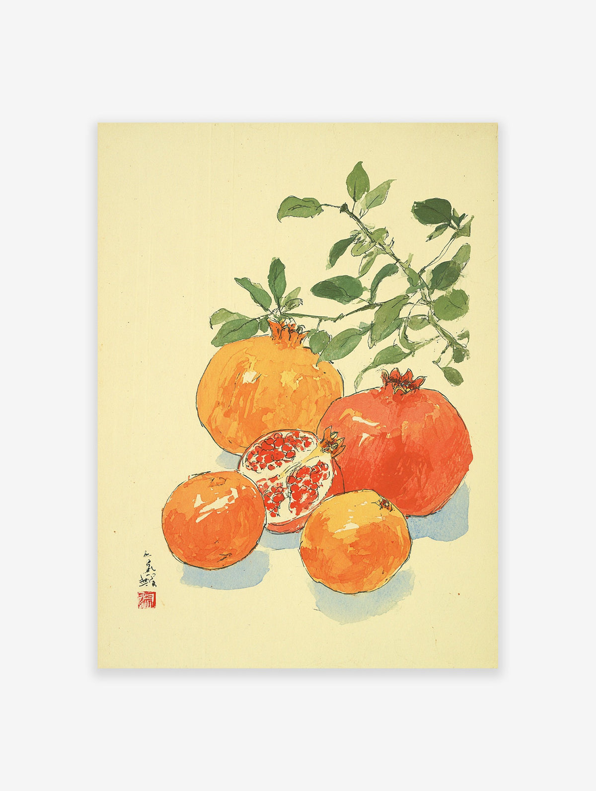 Japanese style pomegranate botanical illustration art print featuring red and orange pomegranates with green leaves.