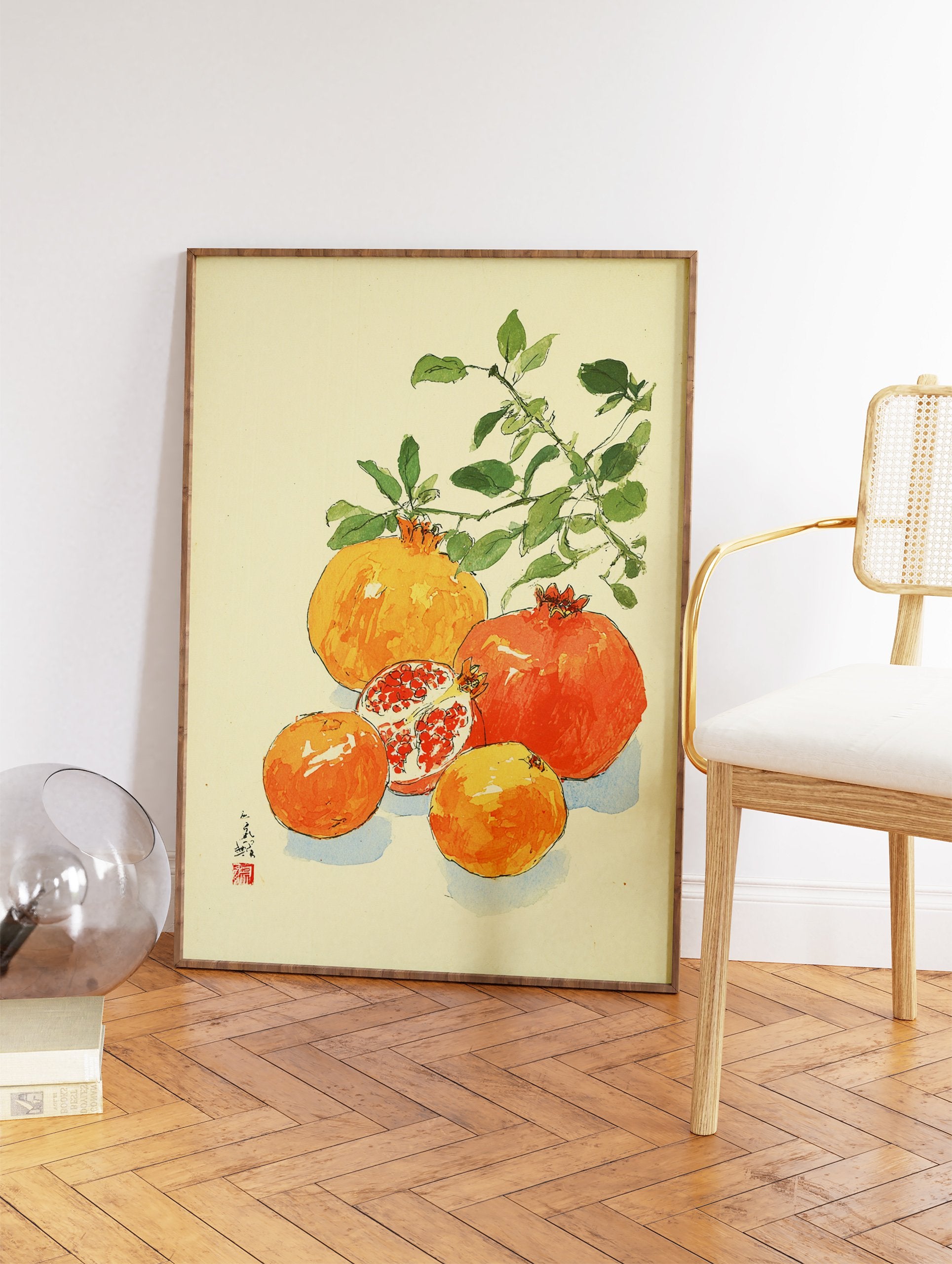 Japanese style pomegranate botanical illustration art print featuring red and orange pomegranates with green leaves. - Image 2