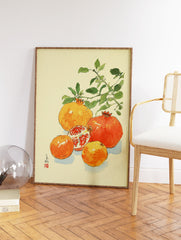 Japanese style pomegranate botanical illustration art print featuring red and orange pomegranates with green leaves. - Image 2
