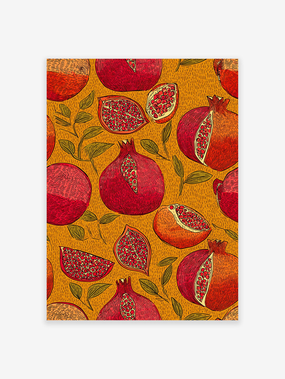 Illustrative Pomegranate wall art print with whole and sliced red and orange pomegranates and green leaves on a textured yellow background.