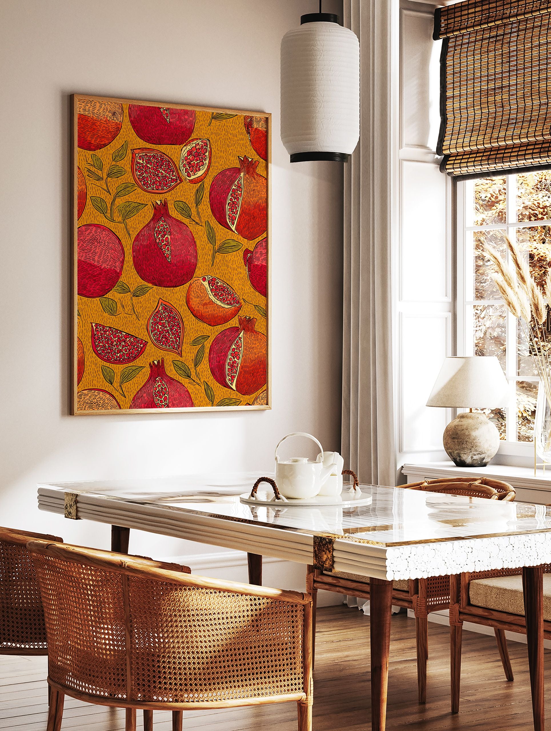Illustrative Pomegranate wall art print with whole and sliced red and orange pomegranates and green leaves on a textured yellow background. - Image 2