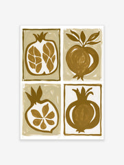 Four illustrative pomegranate prints in brown and tan, featuring whole fruit and cross-sections in a minimalist style