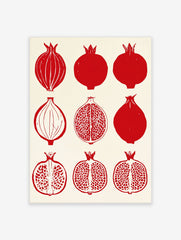 Grid of nine illustrative red pomegranate fruits, both whole and halved, on a cream background