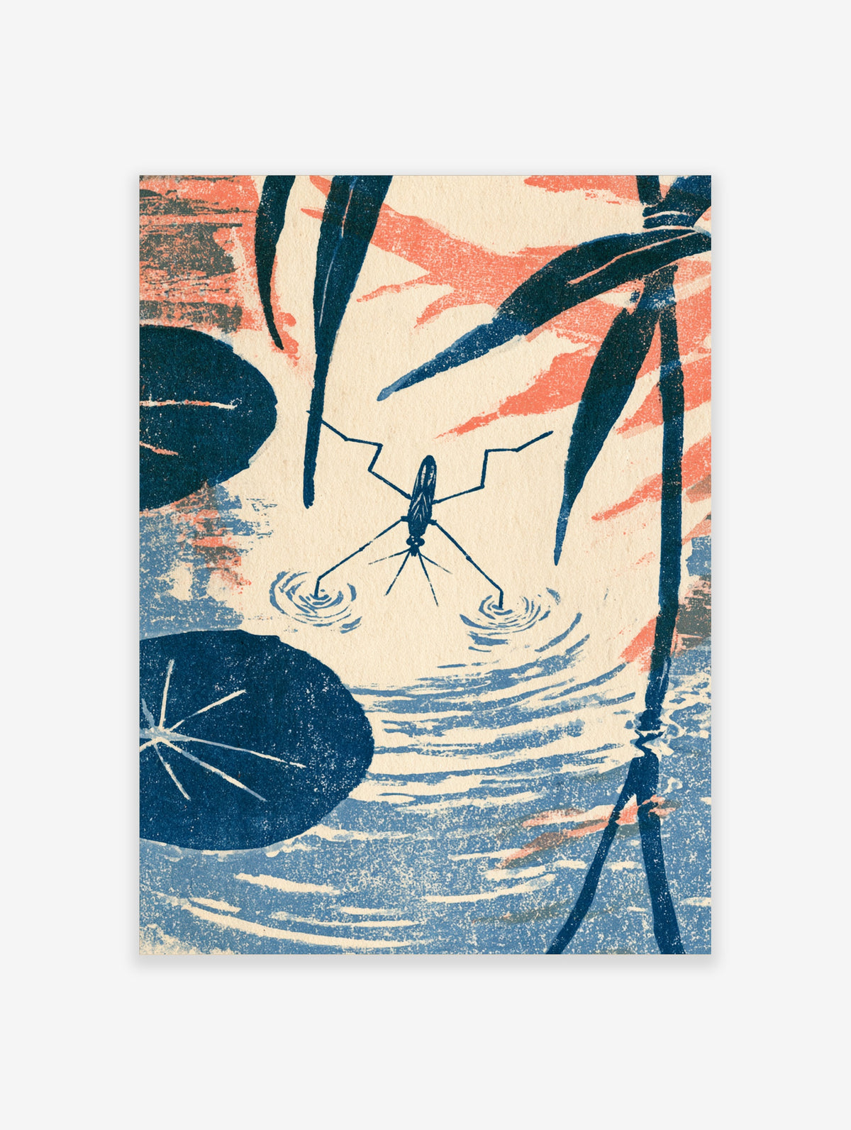 Pond skater insect on rippling blue water with lily pads and reeds, Japanese style art print