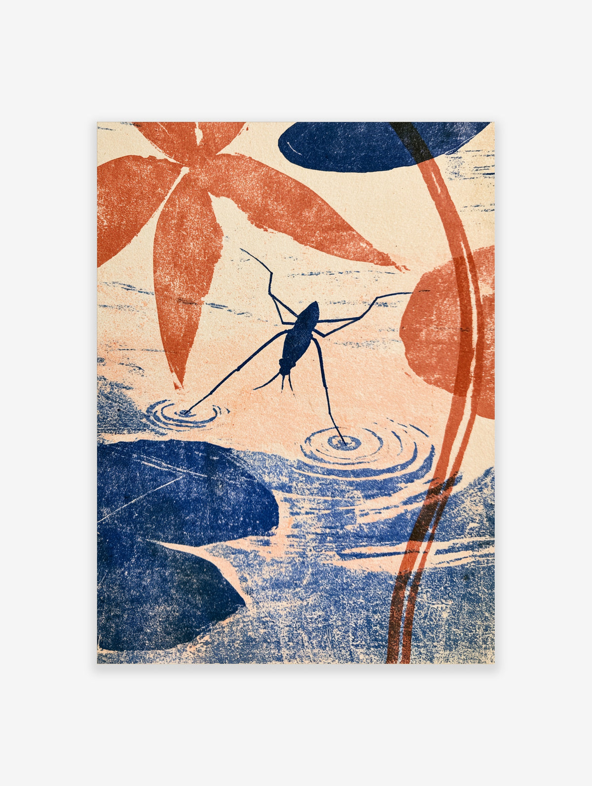 Pond skater insect on rippled water with orange water lilies and blue lily pads art print