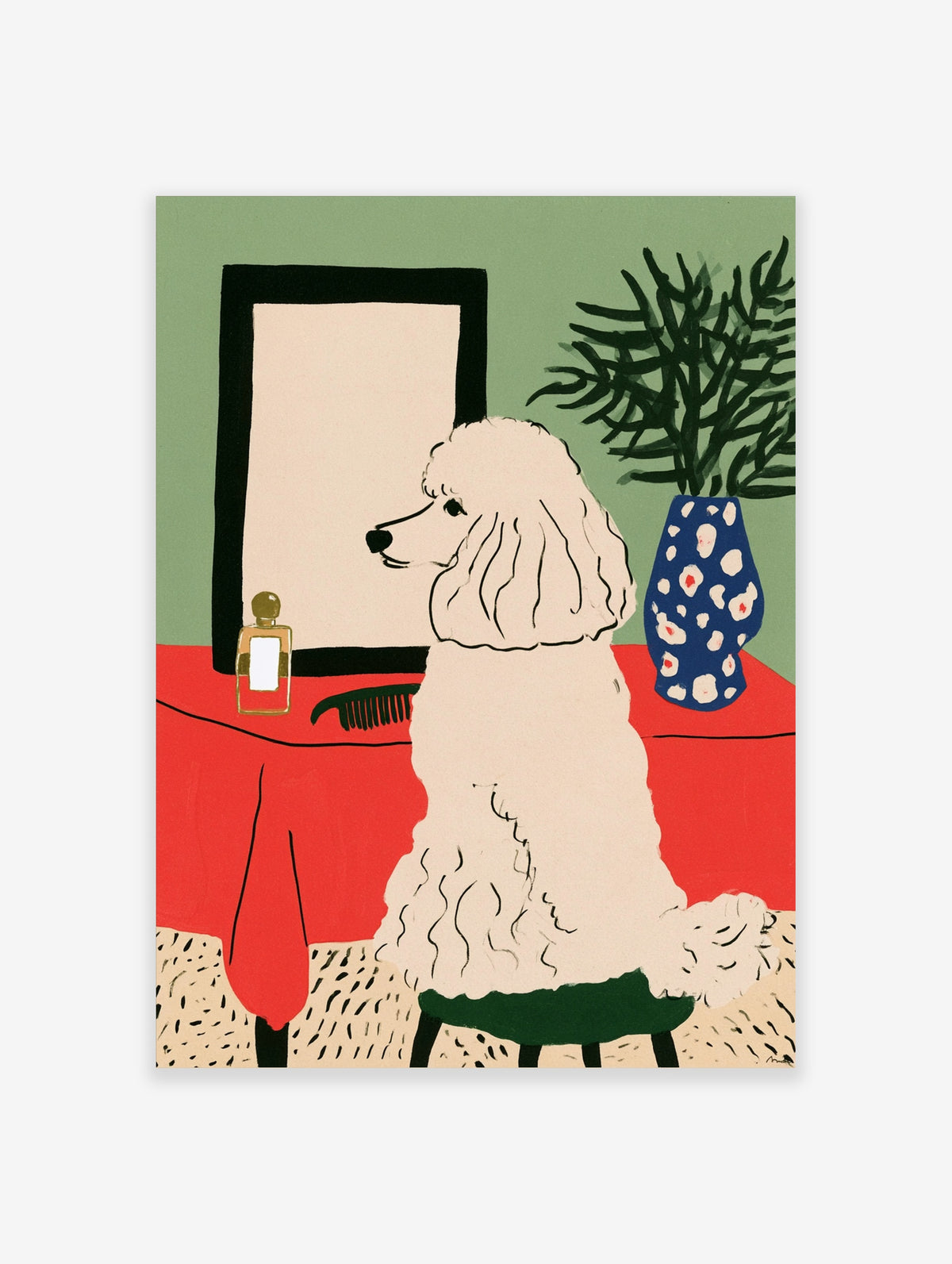 Illustrative art print of a white poodle sitting on a green stool before a mirror on a red table with a blue spotted vase