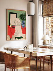 Illustrative art print of a white poodle sitting on a green stool before a mirror on a red table, in a styled room mockup