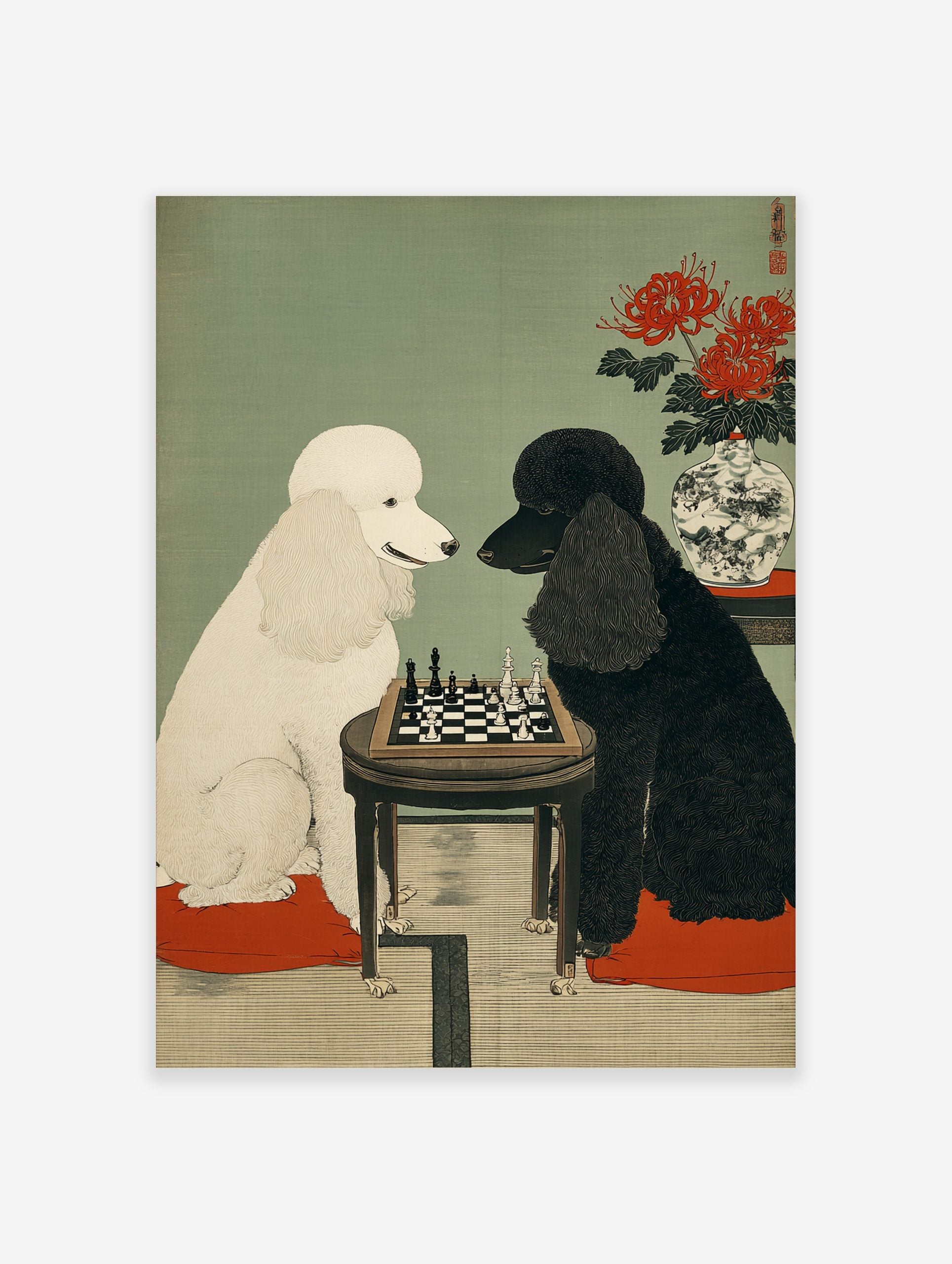White and black poodles playing chess at a small table, with red spider lilies in a vase, in Japanese illustrative style