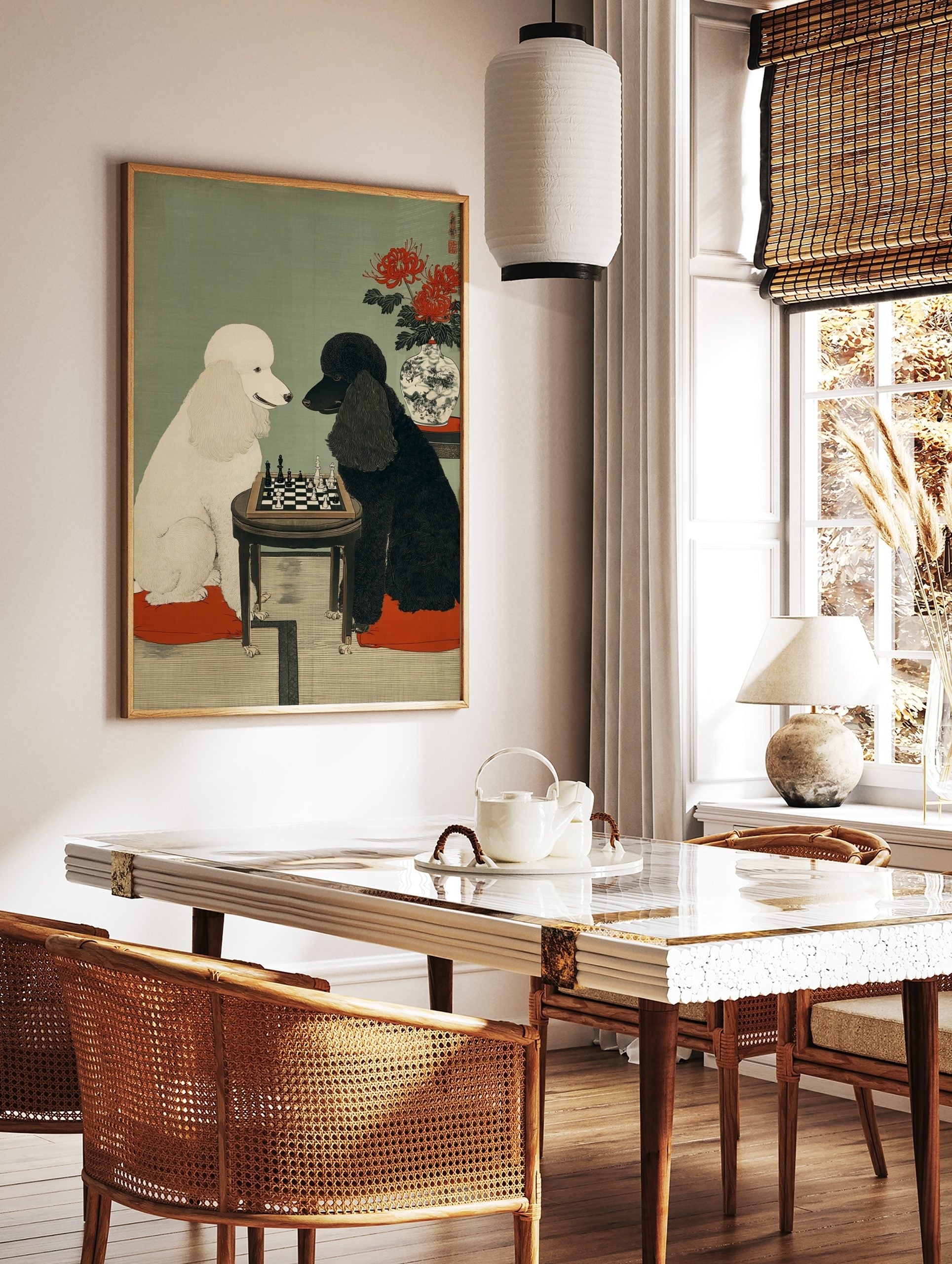 White and black poodles playing chess at a small table, with red spider lilies in a vase, in, in a styled room mockup