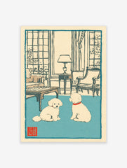 Illustrative print of two white poodles with red collars on a blue rug in a cream room with a chess table