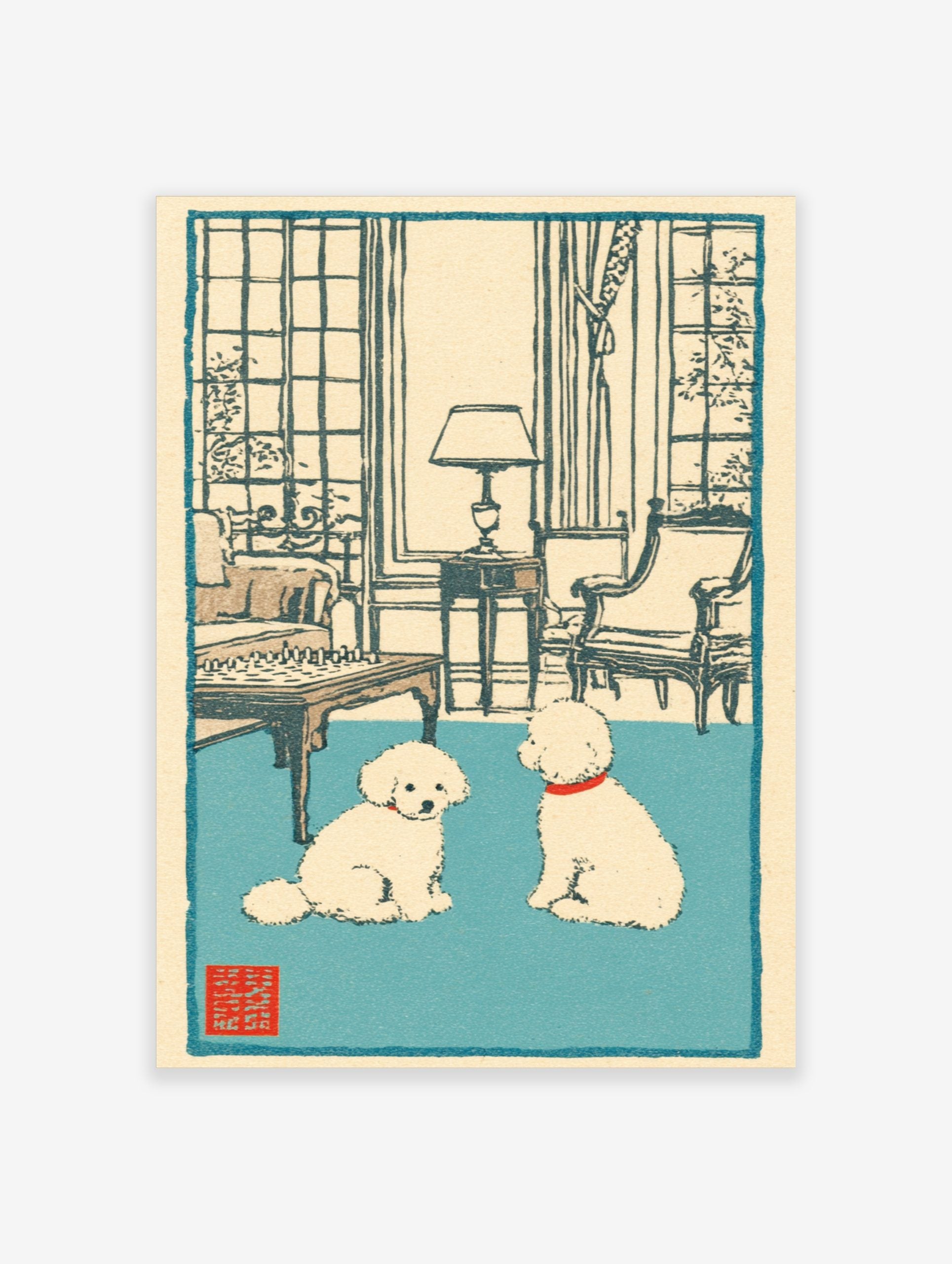 Illustrative print of two white poodles with red collars on a blue rug in a room with a chessboard and large windows