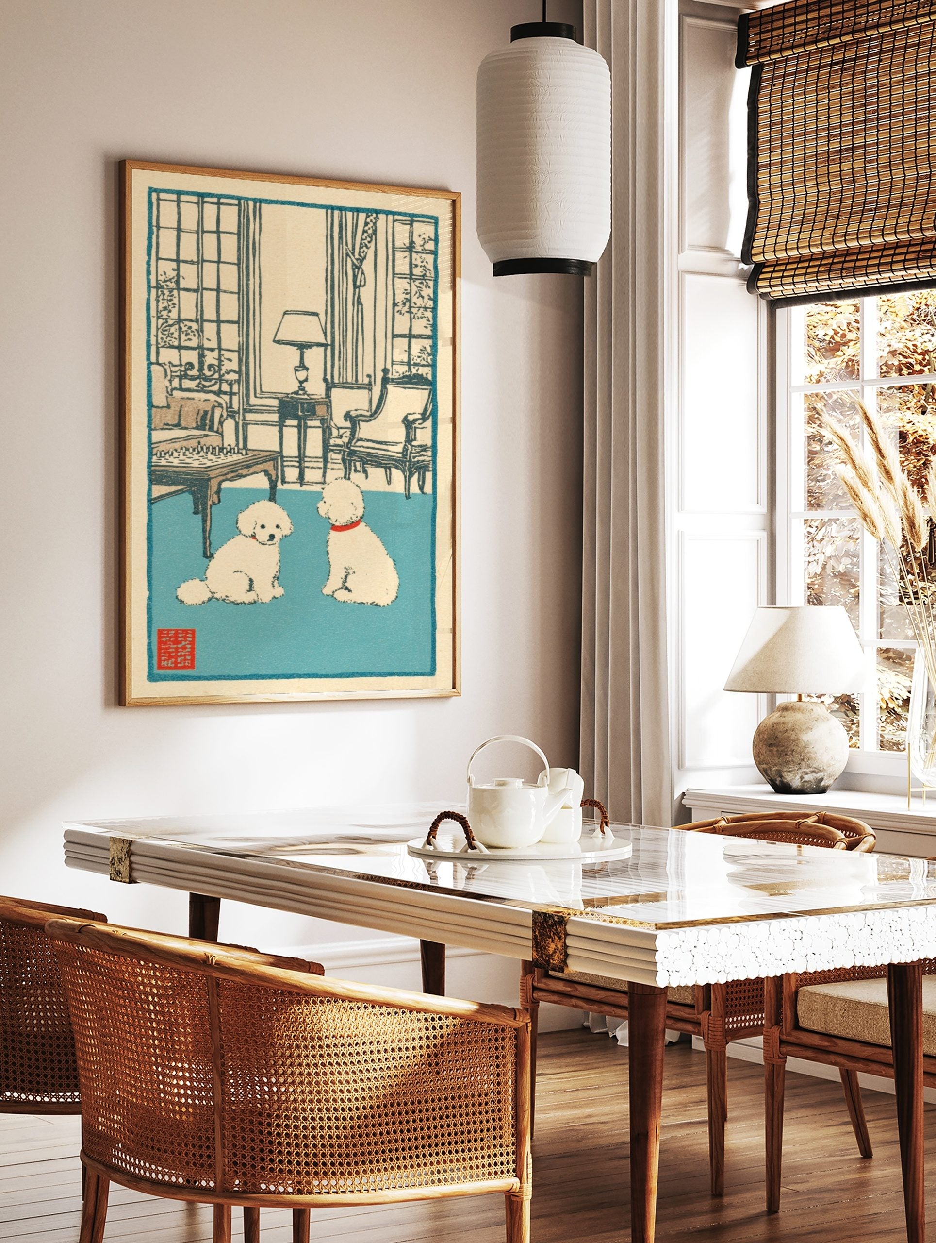 Illustrative print of two white poodles with red collars on a blue rug in a room with a chessboard, in a styled room mockup