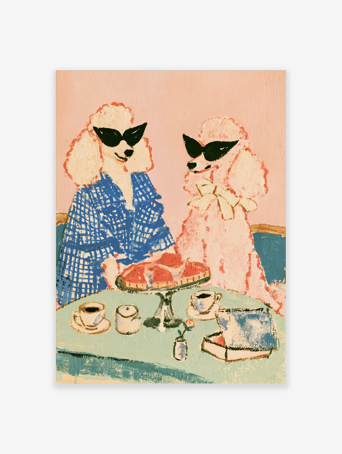 Poodle poster of two white dogs in sunglasses at a table with strawberry tart and coffee, pink and blue illustration
