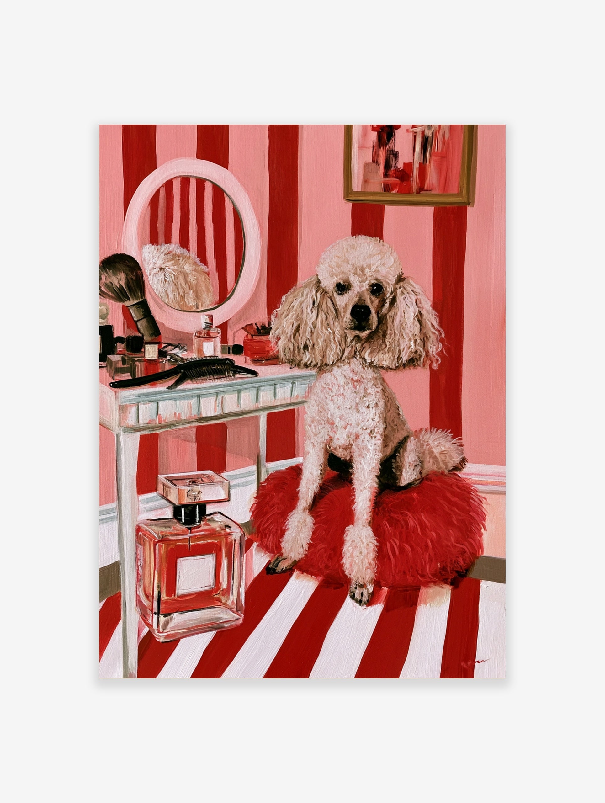 Illustrative print of a fluffy poodle on a red cushion before a vanity with a mirror and perfume bottle on pink stripes