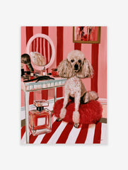 Illustrative print of a fluffy poodle on a red cushion before a vanity with a mirror and perfume bottle on pink stripes