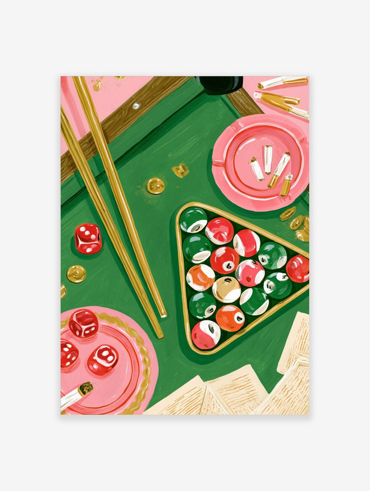 Illustrative pool table art print featuring billiard balls in a rack, cues, and dice on green felt with a pink background