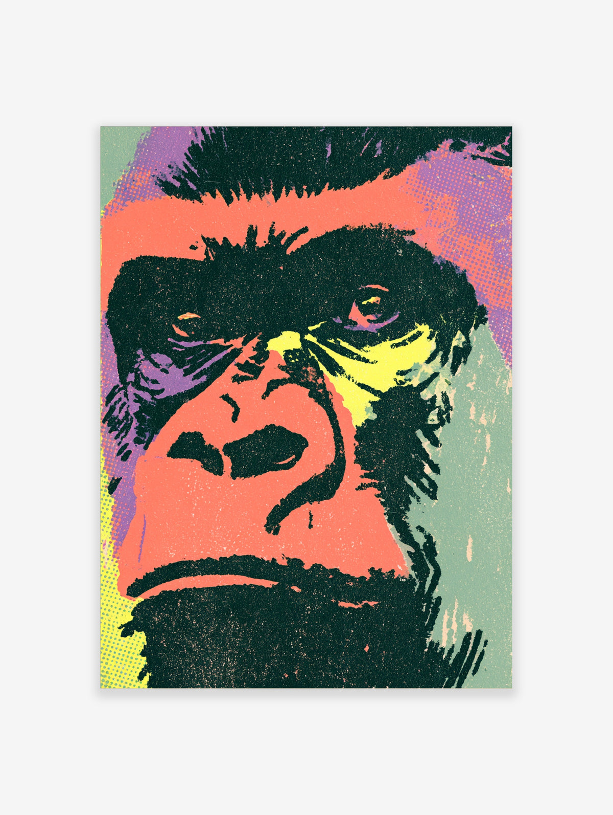 Pop art gorilla portrait poster with bold black outlines and coral, purple, and yellow colour blocks