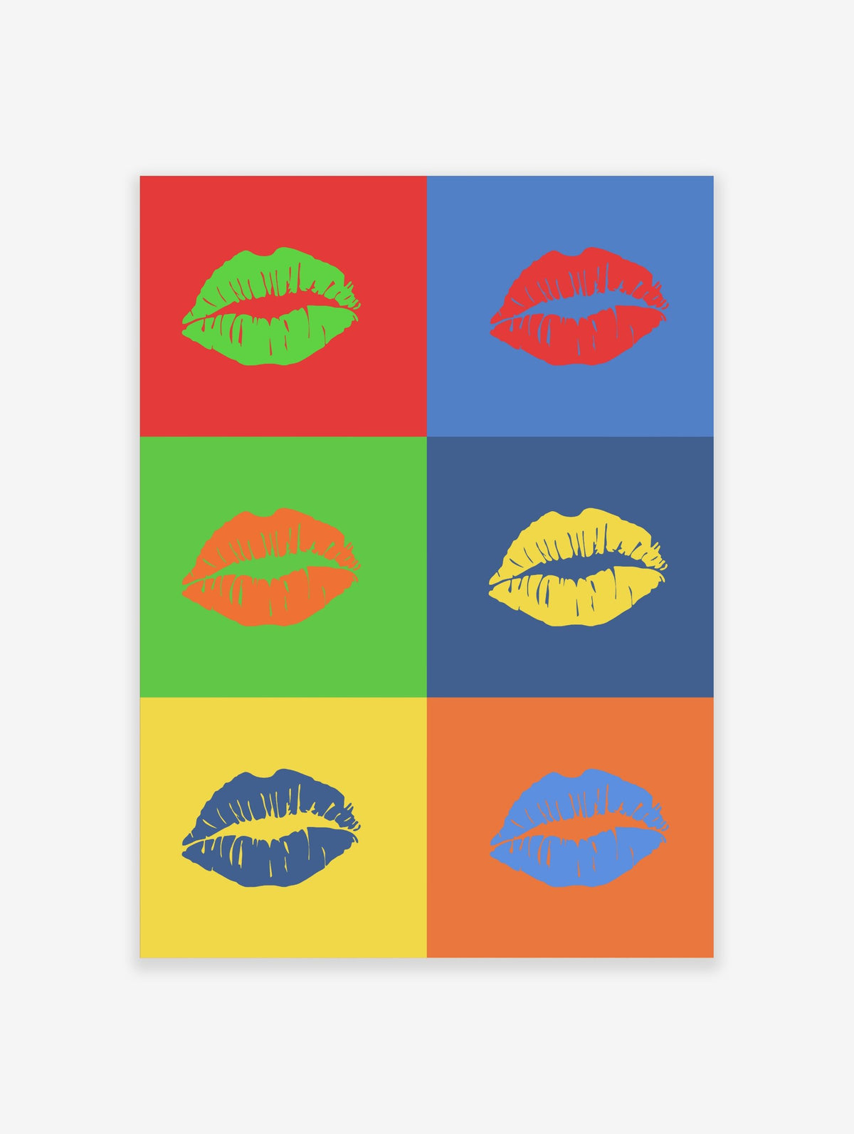 Pop art print featuring six colorful kiss marks on contrasting backgrounds in a grid layout, showcasing green, red, orange