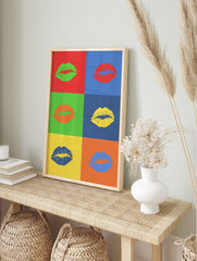 Pop art print featuring six colorful kiss marks on contrasting backgrounds in a grid layout, showcasing green, red, orange
