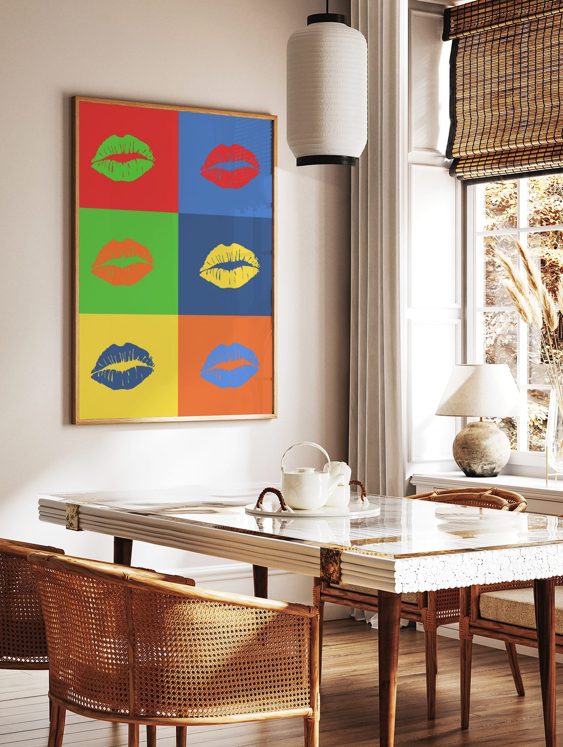 Pop art print featuring six colorful kiss marks on contrasting backgrounds in a grid layout, showcasing green, red, orange