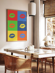 Pop art print featuring six colorful kiss marks on contrasting backgrounds in a grid layout, showcasing green, red, orange