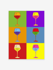 Colorful Pop Art grid featuring six illustrative wine glasses with different colored liquids and backgrounds